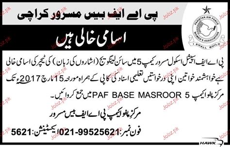 Teachers Job In Paf Base Masroor 2024 Job Advertisement Pakistan