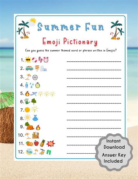 Summer Emoji Pictionary Game Summer Fun Game Summer Party Game