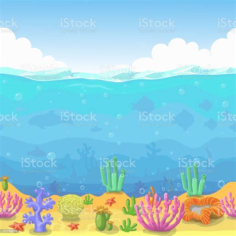 Seamless Underwater Landscape In Cartoon Style Fish And Coral Vector