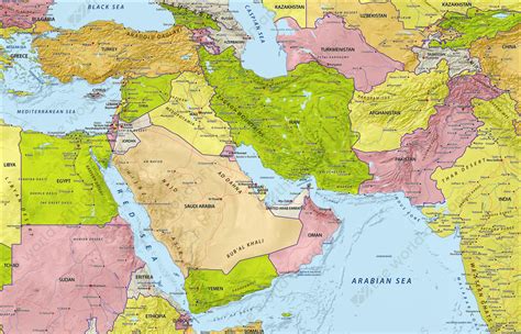 When you click a country you go to a more detailed map of that country. Digital Map Middle East with relief 632 | The World of ...