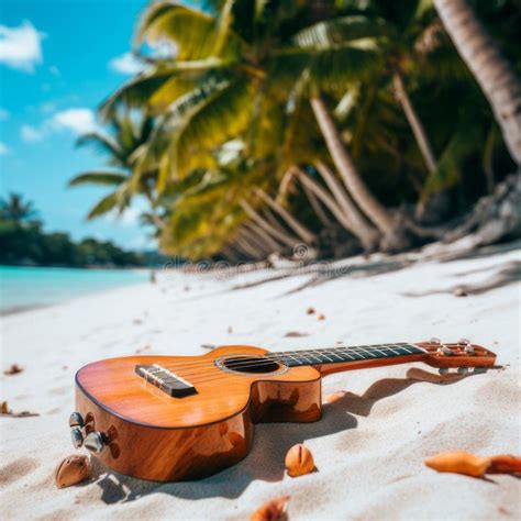 Melodic Serenity Acoustic Guitar Rests On Tropical Beach Sands Stock