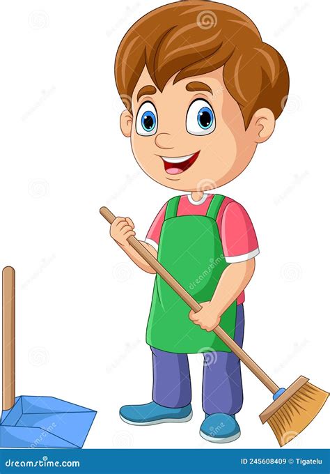 Cartoon Little Boy Sweeping The Floor Stock Vector Illustration Of
