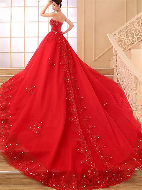 Red Wedding Dress Red Floor Length Bridal Gown Beading Wedding Gowns