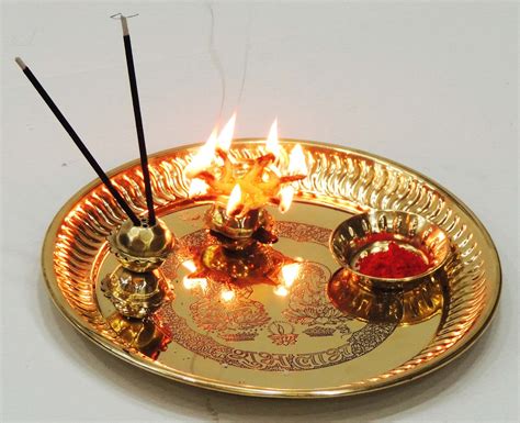 Brass Puja Pooja Thali With Deepak Agarbatti Stand And Roli Hold With