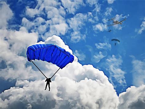Group Of Skydivers Among Puffy White Clouds Painting By Elaine Plesser
