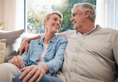 Retirement Relax And Love With Couple On Sofa For Happy Support And