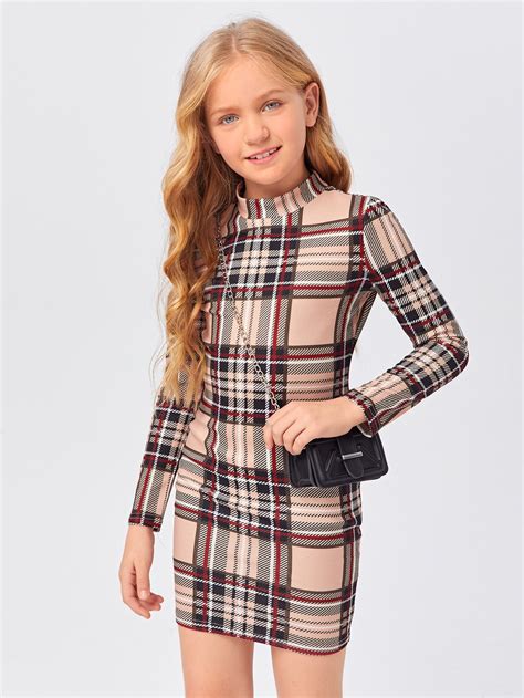 multicolor dressy long sleeve polyester plaid fitted slight stretch spring fall girls clothing