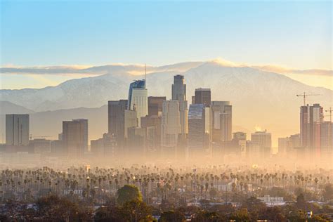 Downtown Los Angeles Skyscrapers At Smoggy Sunrise Stock Photo