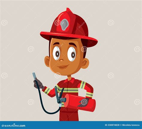 Little Firefighter Boy Vector Cartoon Illustration Stock Vector