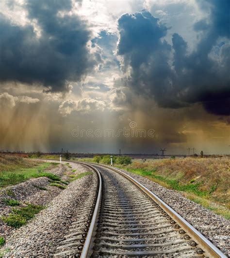 Railroad To Horizon In Blue Sky Stock Image Image Of Landscape