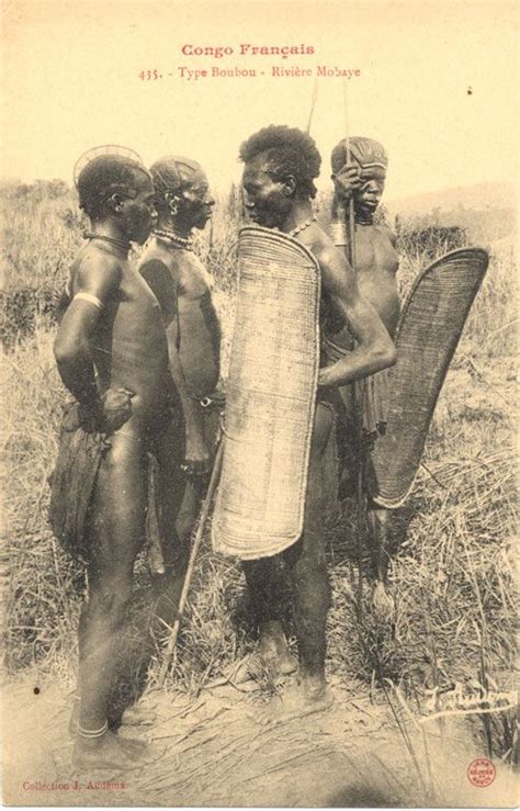 translated caption reads french congo bubu type mobaye river group of warriors with