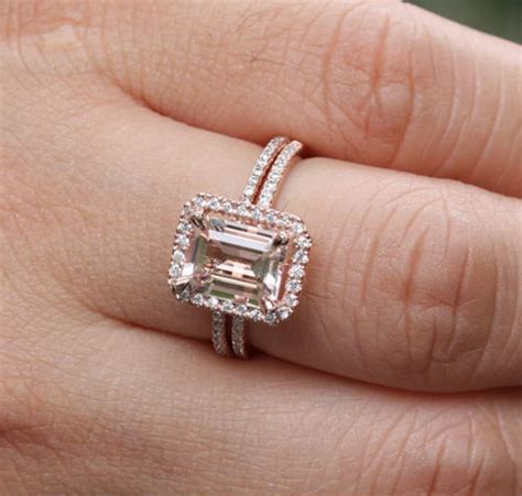 Emerald Cut Morganite Engagement Ring Wedding Ring Set In 14 Etsy