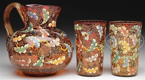Moser Amber Glass Pitcher And Tumblers With Oak Leaves And Acorns Moser Glass Moser Glass