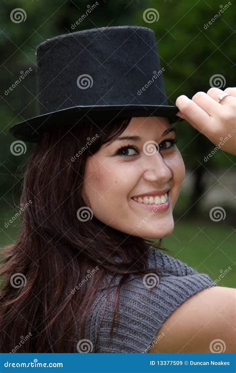 Gorgeous Woman In Black Hat Stock Image Image Of Brunette Jersey