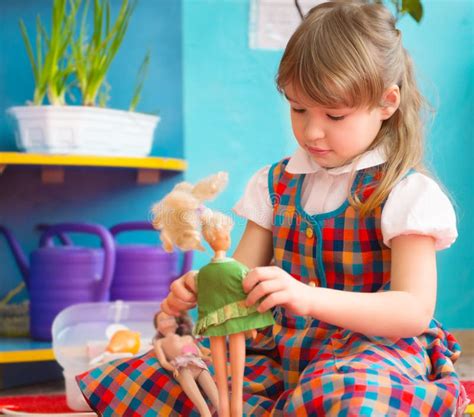Cute Girl Playing With Toy Doll At Kindergarten Stock Image Image Of Clever Portrait 39892761