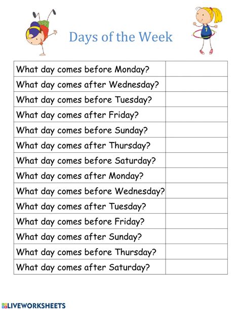 Days Of The Week Free Online Worksheet