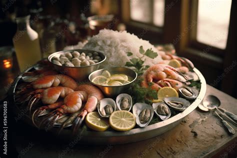 a shot of a fresh seafood platter with oysters shrimp crab legs and clams on ice stock