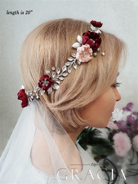 LEXIS Burgundy Wedding Hair Piece with maroon hair flowers to Your Bridal Appearance by TopGracia