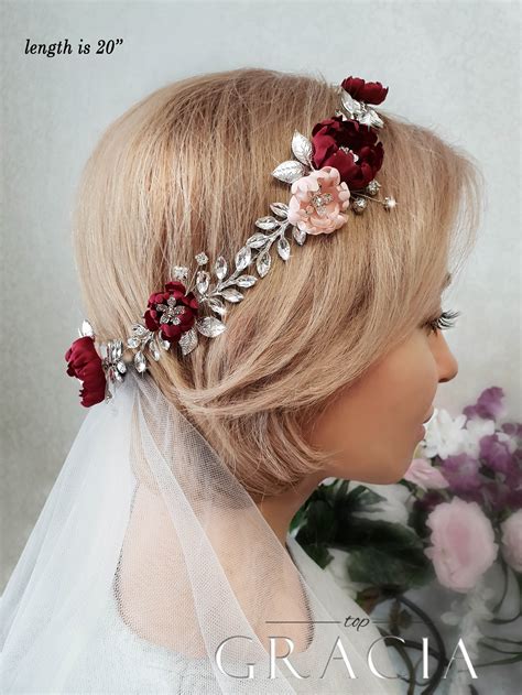 Next, layer your flower petals back together. LEXIS Burgundy Wedding Hair Piece with maroon hair flowers ...