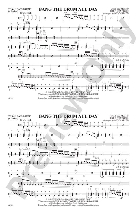 Bang The Drum All Day Tonal Bass Drum Tonal Bass Drum Part Digital Sheet Music Download