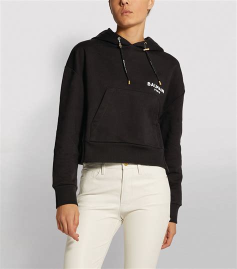 Balmain Cropped Flocked Logo Hoodie Harrods Us