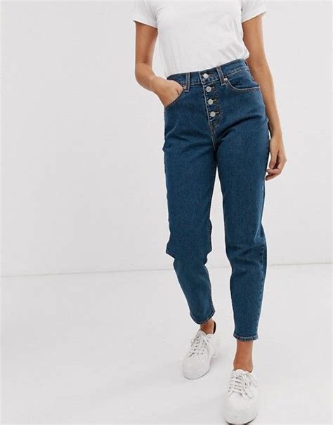 Levis Exposed Button Mom Jeans In Dark Blue Asos Mom Jeans Women Jeans Flare Jeans