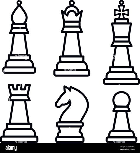 Chess Pieces King Queen Rook Pawn Knight And Bishop Vector Illustration Icons Set In Outline