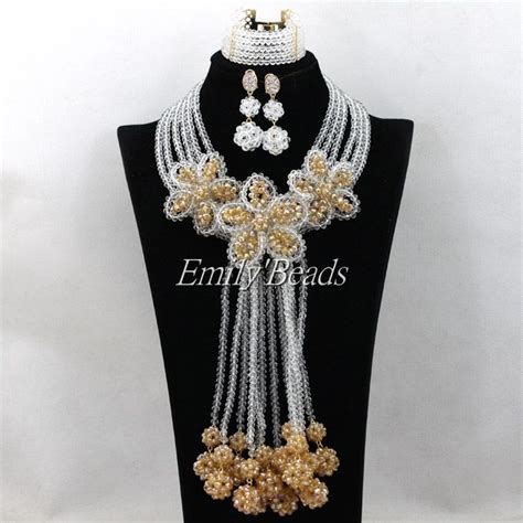Clear White Nigerian African Wedding Beads Jewelry Set Handmade Crystal