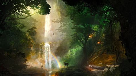 Painting Of Waterfalls Digital Art Jungle Boat Rainbows Hd