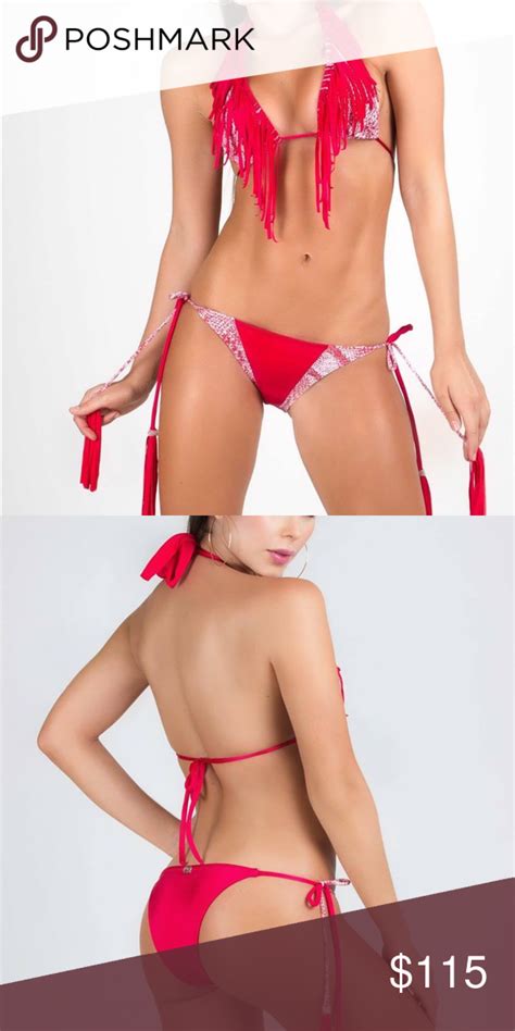 Red Fringe Bikini Beautiful Red Triangle Top With Fringe Bikini With Tie Side And Tassel Bottom