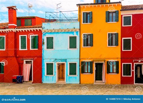 Beautiful Vibrant Colorful Houses In Burano Near Venice In Italy Stock