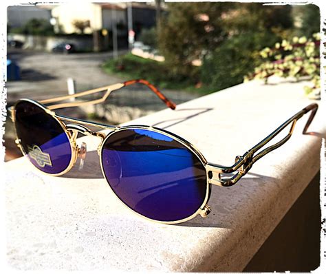 occhiali da sole uomo ovale in metallo oro lucido lente specchio blu sunglasses men steampunk