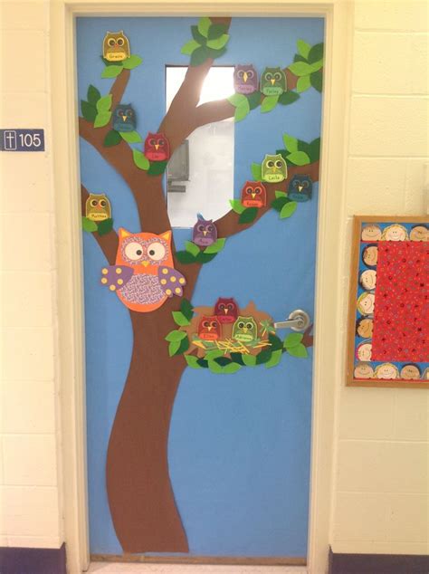 A Beautiful Owl Themed Classroom Door Leaves Are Made From Various Shades Of Green Felt