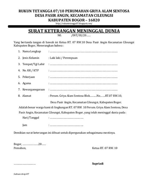 Contoh surat keterangan kematian dari kelurahan desa. Surat keterangan meninggal dunia