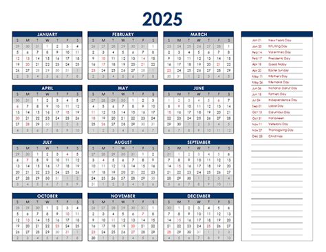 2025 Excel Yearly Calendar Free Printable Templates