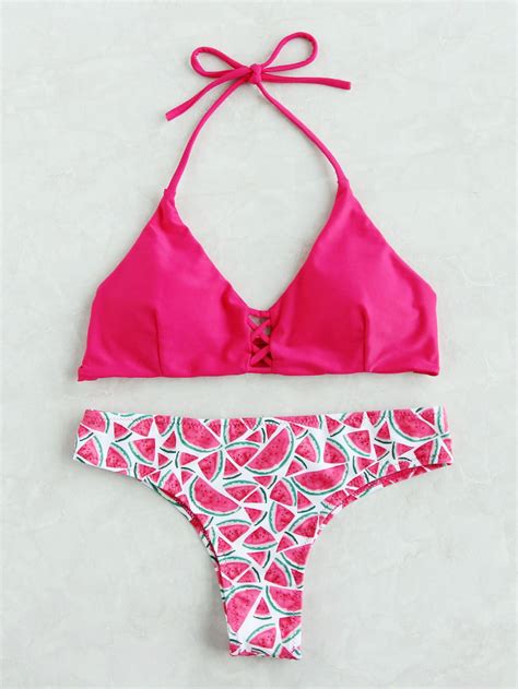 Watermelon Print Criss Cross Triangle Bikini Set Bikinis Triangle Bikini Set Triangle Bikini