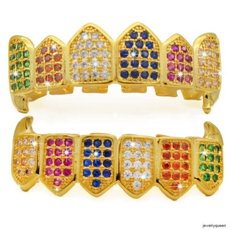 Rainbow Grillz Gold Tone Multi Color CZ Bling Top Bottom Teeth Grill