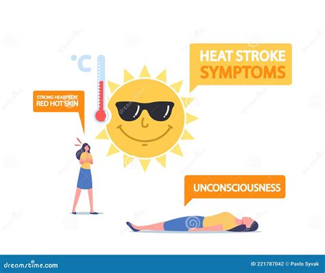 heat stroke symptoms concept female characters suffer of sun heat and hot weather with strong