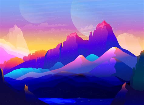 Rock Mountains Landscape Colorful Illustration Minimalist Wallpaperhd
