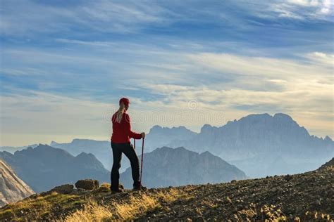 Woman On Top Of The Mountain Reaches For The Sun Stock Image Image Of