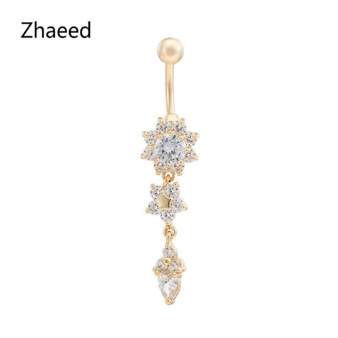 Sexy Dangle Belly Bars Belly Button Rings Belly Piercing Clear Cz Crystal Flower Body Jewelry