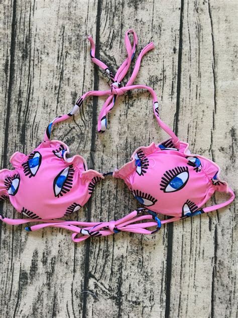 Sexy Bikini Swimsuit Evil Eye Halter Pink Printed String Bikini