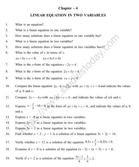 Cbse Class 9 Mental Maths Linear Equation In Two Variables Worksheet