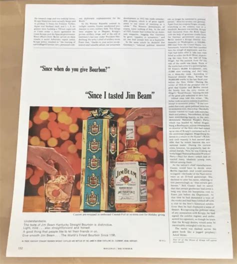 Jim Beam Print Ad 1964 Vintage 1960s Retro Home Decor Liquor Bottle