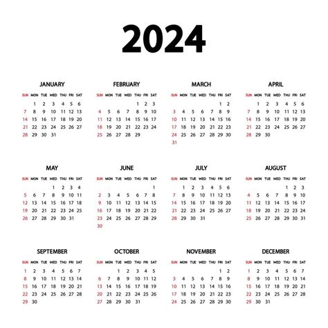 Calendario 2024 Año La Semana Empieza El Domingo Plantilla Anual De