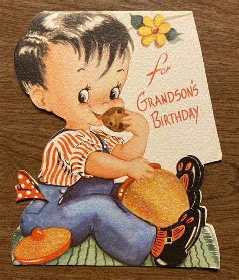 Vintage 1940s Happy Birthday Greeting Card Boy Eating Cookies From Jar