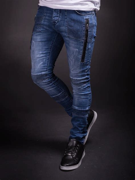 Pandv Men Skinny Fit Zip Pocket Ridges Jeans Blue Mens