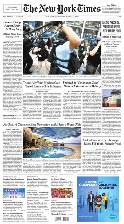The New York Times 14 Aug 2019 Newspaper Design New Print Newspaper Front Pages
