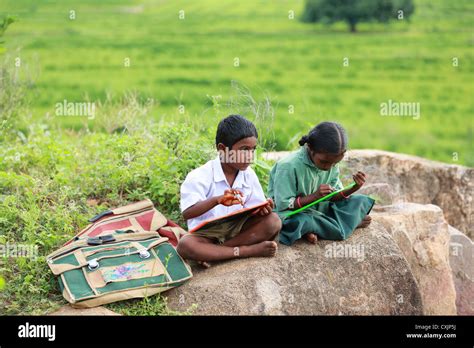 Indian School Children Doing Their Homework In The Countryside Andhra