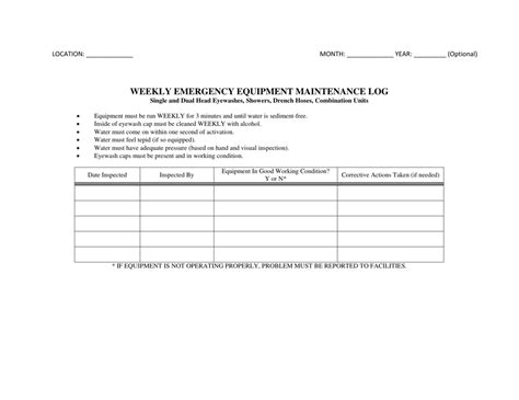 Weekly Emergency Equipment Maintenance Log Template Download Printable